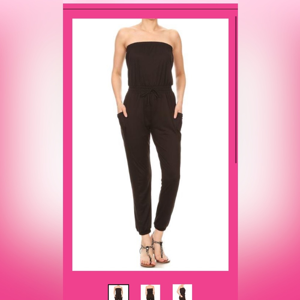Black strapless jumpsuit, soft jersey fabric.